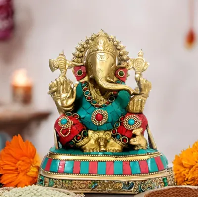 Messing Ganesha-Statue, antik, mit Edelsteinen, 18 cm