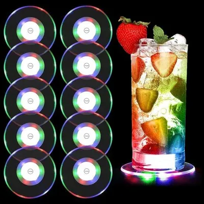 Produktbild von Set mit 10 bunten LED-Untersetzern mit 3 Lichtmodi - wasserdichte Acryl Untersetzer für Gläser, Flaschen und Partys, perfekt für Bars und Hochzeiten