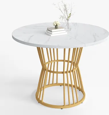 Produktbild von MODFU Esstisch Esszimmertisch Rund mit metallbein, Küchentisch stabiler metallrahmen, Tisch für Esszimmer Wohnzimmer, weiß/golden