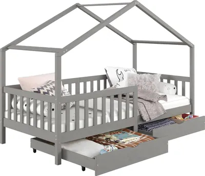 Produktbild von Hausbett ELEA aus massiver Kiefer, Kinderbett mit Rausfallschutz 90x200cm, Spielbett mit Dach in grau