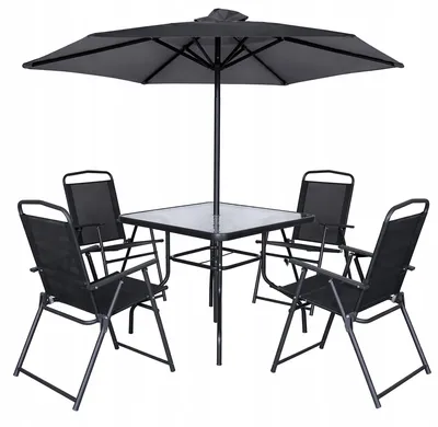 Image de Mobilier de jardin : ensemble de 6 pièces (salon de jardin, chaises, table et parasol)