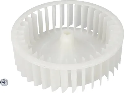 A white plastic fan wheel and a small metal nut on a white background.