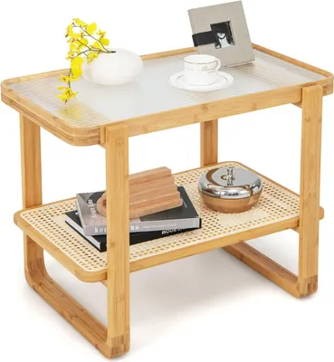 Immagine prodotto di Tavolino COSTWAY, tavolino con piano in vetro rimovibile e ripiano in rattan, tavolino con struttura in bambù, comodino 70,5 x 44,5 x 54,5 cm