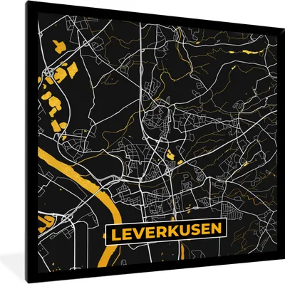 Produktbild von MuchoWow® Gerahmtes Poster Leverkusen - Gold - Stadtplan - Deutschland - Karte 40x40 cm - Poster mit Schwarzem Bilderrahmen Wandposter Rahmen Foto Bilder - Mit Rahmen - Wanddekoration Schlafzimmer