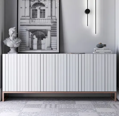 Obrázek produktu pro Komoda RTV Glamour 3D TV skříňka Moderní  Nábytek Lindner 168cm x 36,5cm x 72 cm Barva: bílý matný Rám: měděná barva - kov