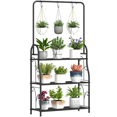 Produktbild von Outsunny 3-Etagen Pflanzenständer mit Hängestange, Haken, Blumenständer für Innen, Pflanzenregal aus Metall, mehrstöckig Blumenregal, 137cm hoch