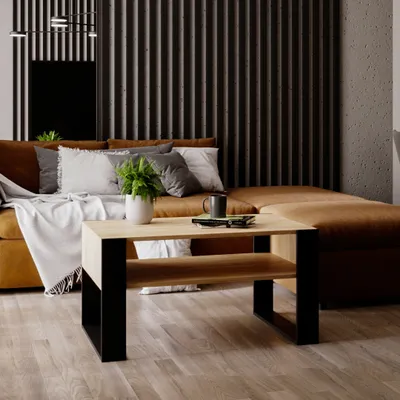 Produktbild von Couchtisch KARO 92 Wohnzimmertisch rechteckiger Kaffeetisch aus Holz Modern Teetisch 92 x 53,6 x 45cm Holz Bardolino Eiche / Schwarz