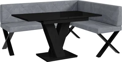 Produktbild von MEBLINI Eckbank für Esszimmer mit ausziehbarem Tisch  - Küchenbank - Essecke - Sitzecke Küche - ERIC - X-Beine 128x168x87cm Rechts - Grau Samt/M Schwarz Hochgl.