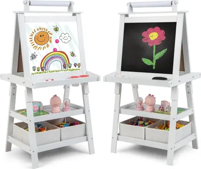 Produktbild von 3 in 1 Kinder Staffelei Doppelseitig Whiteboard & Kreidetafel & Zeichenpapier Standtafel Weiß