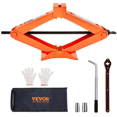 A set of car maintenance tools including a scissor jack, gloves, a storage bag, and two wrenches.