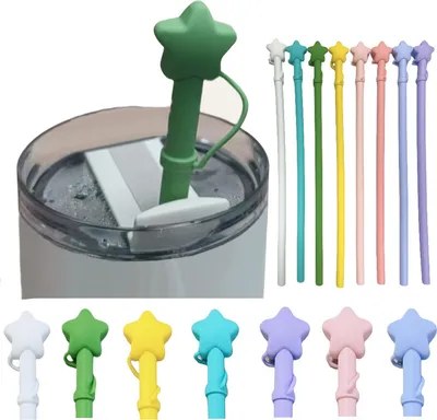 Produktbild von Wiederverwendbare Silikon-Strohhalme mit Sternverschluss, bissfeste Trinkschläuche für heiße und kalte Getränke, BPA-frei, flexibler langer Strohhalm