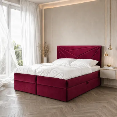 Zdjęcie produktu dla Łóżko kontynentalne dwuosobowe TEO 3 – łóżko o wymiarach 140 x 200 cm z materacem typu Bonell, z pojemnikiem na pościel i nakładką. (Czerwone)