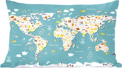 Produktbild von MuchoWow® Zierkissen Sofakissen Wohnzimmer Dekokissen 60x40 cm Weltkarte - Kinder - Tiere - Kinder - Jungen - Mädchen - Kopfkissen - Polster mit Foto