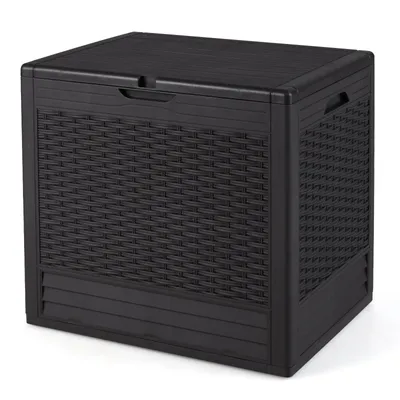 A black storage box with a rattan-like texture on a white background.