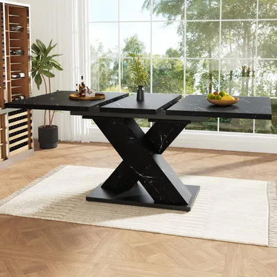 Produktbild von okwish Esstisch Ausziehbar Marmoroptik X Gestell Küchentisch Metallführung Für Küche und Esszimmer Schwarz