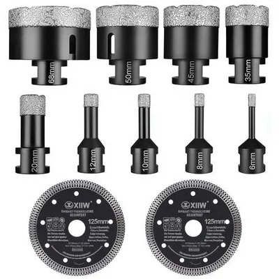 Produktbild von 11tlg Fliesenbohrer M14 x 15mm Diamant Bohrkrone 6-68mm + 125mm Trennscheibe Für Winkelschleifer Lochsäge Set Fliesen Granit Feinsteinzeug Keramik