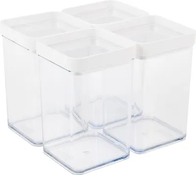 Four clear, square food storage containers with white lids are arranged in a 2x2 grid on a white background.