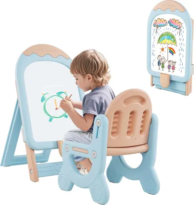 Produktbild von COSTWAY Kinder Staffelei mit Stuhl, Kindertafel Höhenverstellbar & Klappbar mit Whiteboard, Aufbewahrungsbox, Marker&magnet, Geschenk Spieltafel Blau