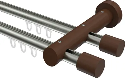 Produktbild von Interdeco Innenlaufstange / Gardinenstange mit Innenlauf Edelstahl-Optik / Nussbaum lackiert, Typ Talent Feta (Kappe), 20 mm Ø 2-läufig, 200 cm