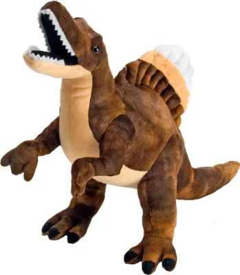 A plush toy dinosaur, a Spinosaurus, is shown against a white background.