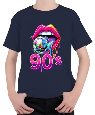 Obrázok produktu pre Tričko pre deti v štýle 90. rokov s motívom diskogule, pery, pop art, neón a retro party, uni, tmavomodré, veľkosť 116