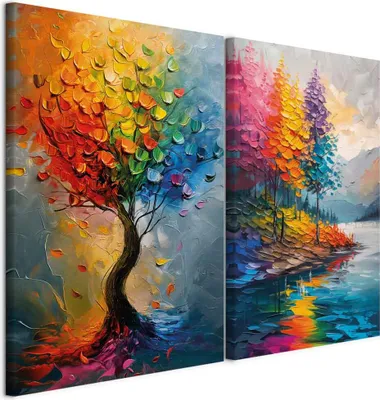 Image de murando - Set de tableaux muraux XXL Paysage fantaisie 120 x 90 cm 2 pièces de 60 x 90 cm chacune Collage 2 tableaux sur toile Grande décoration murale pour salon Décoration murale - Art mural Abstrait Couleurs arc-en-ciel c-H-10080-b-a