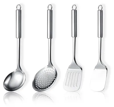 Produktbild von 4-teiliges Edelstahl-Kochgeschirrset, Küchenhelferset mit Metallspatel, Schaumlöffel, Schöpfkelle, Küchenutensilien