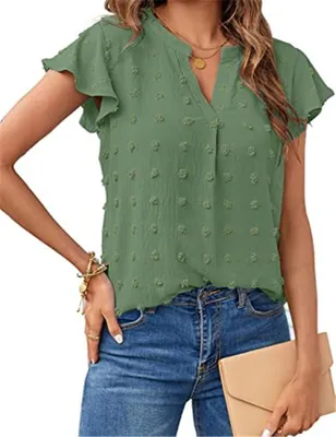 Produktbild von ASKSA Damen Sommer V-Ausschnitt Rüschen Bluse Chiffon Polka Dot Tunika Shirt, Armeegrün, XXL