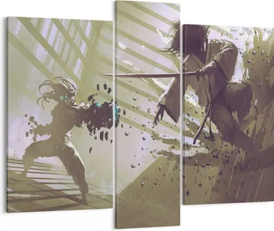 Produktbild von Bild auf Leinwand - Leinwandbild - Roboter Samurai Schwert Kämpfen - 95x80cm - Wand Bild - Wanddeko - Leinwanddruck - Bilder - Kunstdruck - Wanddekoration - Leinwand bilder - Wandkunst - CB95x80-2912
