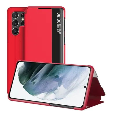 Image de Coque König Design compatible avec le Samsung Galaxy S22 Ultra 5G, en simili cuir, pour téléphone portable - Étui de téléphone rouge
