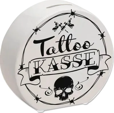 Produktbild von Spardose aus Keramik mit coolen Tattoo-Motiven in weiß - Tattookasse