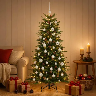 Obrázek produktu pro Umělý vánoční stromek s vánočními ozdobami, výška 150 cm, 150 LED diod