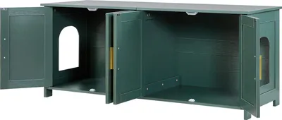 An open green cabinet with multiple compartments, designed for pet use.