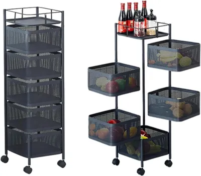 Obrázek produktu pro Kuchyňský a servírovací vozík na kolečkách – 5úrovňový úložný prostor – kolečka otočná o 360° – nerezová ocel – voděodolný – černý