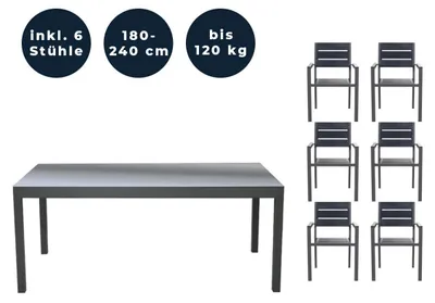 Produktbild von HOME DELUXE - Gartentisch ausziehbar - SOL - ca. 180 (240) x 90 x 75 cm - inkl. 6 Stühlen, inkl. Zubehör I Gartenmöbel Ausziehtisch Balkonset