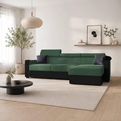 Produktbild von GOLDSTOFF DIWIA Ecksofa 202 x 130 cm mit Schlaffunktion & Bettkasten – Schlafsofa L-Form mit Kopfstützen Stauraum (Grun+schwarz)
