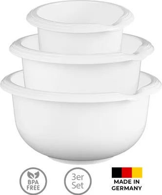 Produktbild von Wüllner & Kaiser Rührschüssel Set mit 1,5 l, 2,5 l und 3,5 l, Plastikschüssel zum Vermischen von Backzutaten, Teigschüssel mit Schüttrand, weiß