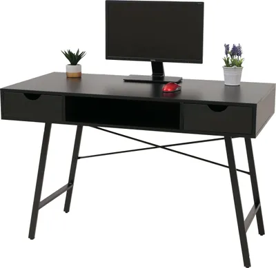 A black desk with a computer monitor, a red mouse, and two small potted plants.