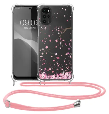 Produktbild von kwmobile Necklace Case kompatibel mit Motorola Moto G22 Hülle - Silikon Cover mit Handykette - Rosa Dunkelbraun Transparent Kirschblütenblätter