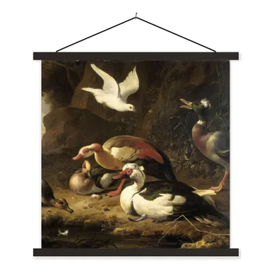 Produktbild von MuchoWow® Textilposter Enten - Gemälde von Melchior d'Hondecoeter 60x60 cm mit schwarzem Rahmen - Posteraufhänger