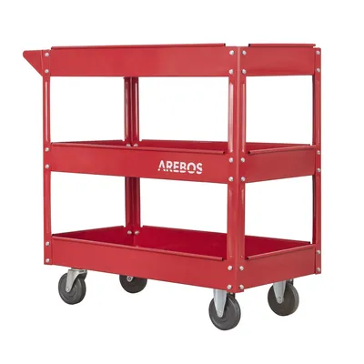 Immagine prodotto di Carrello da officina AREBOS rosso | 3 scomparti | fino a 100 kg | con rotelle e maniglia