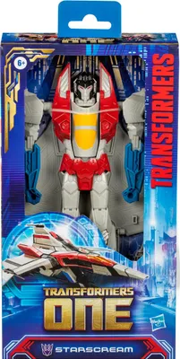 A Transformers toy, Starscream, is displayed in its packaging. The packaging features the "Transformers ONE" branding and an image of the toy in robot and jet modes.