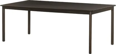 A dark brown rectangular table with four legs, shown from a slightly elevated side angle against a white background.