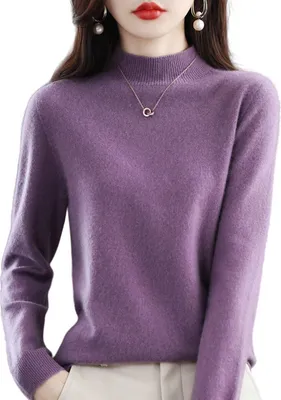Produktbild von ASKSA Damen Leichter Pullover mit Stehkragen Langarm Strickpullover Pulli Sweatshirt Solid Weich Oberteile, Lila, L