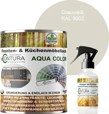 Produktbild von 750ml. + Anlauger - Contura Küchenmöbellack RAL Möbellack SEIDENMATT SET Möbelfarbe Holzlack Buntlack Küchenlack - RAL 9002 Grauweiß