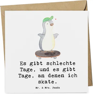 Produktbild von Mr. & Mrs. Panda Glückwunschkarte Pinguin Skateboarden - Weiß - Geschenk, Skateplatz, faltkarte, Klappkarte, Grußkarte, Skaten, Skateboard, anlasskarte, doppelkarte