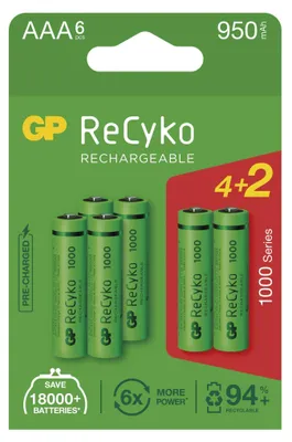 Nabíjecí baterie GP ReCyko 1000 AAA (HR03), 6 ks