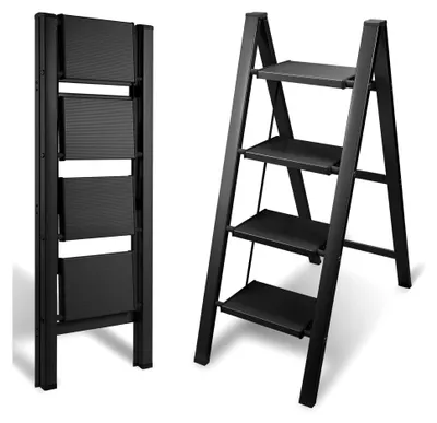 Produktbild von 4-Stufen Aluminium Klappleiter, Leichte Stehleiter, Trittleiter 4 Stufen, Rutschfeste Leiter mit Klappsicherung, Klappleiter für Haushalt und Küche, Belastbar bis 150 kg, Schwarz
