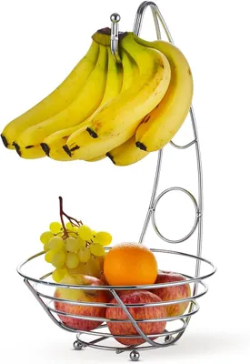 Produktbild von Obstschale mit Bananenaufhängung und Chromdrahtrahmen – Bananenständer für die Küche, 2-in-1-Obstkorb zur Aufbewahrung von Obst, Gemüse, Snacks und mehr