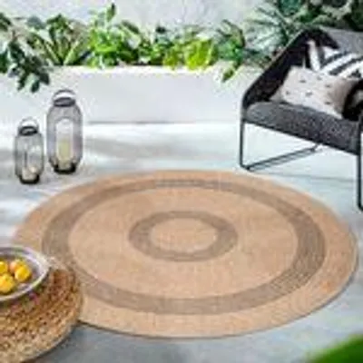 Produktbild von Homebyhome Runder Outdoor Teppich Wetterfest Küchen Teppich Wasserfest Flachgewebe Sisal Optik Vintage für Balkon Terrasse Wohnzimmer 120 cm Rund